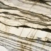 Marble slab, white and gray with brown veining, polished surface displaying organic flowing patterns and subtle golden accents.